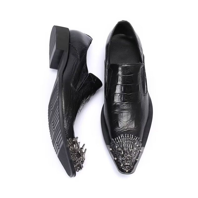 Sapatos Formais Masculinos Couro Crocodilo Elegância Deslizamento Em Sociais - Preto