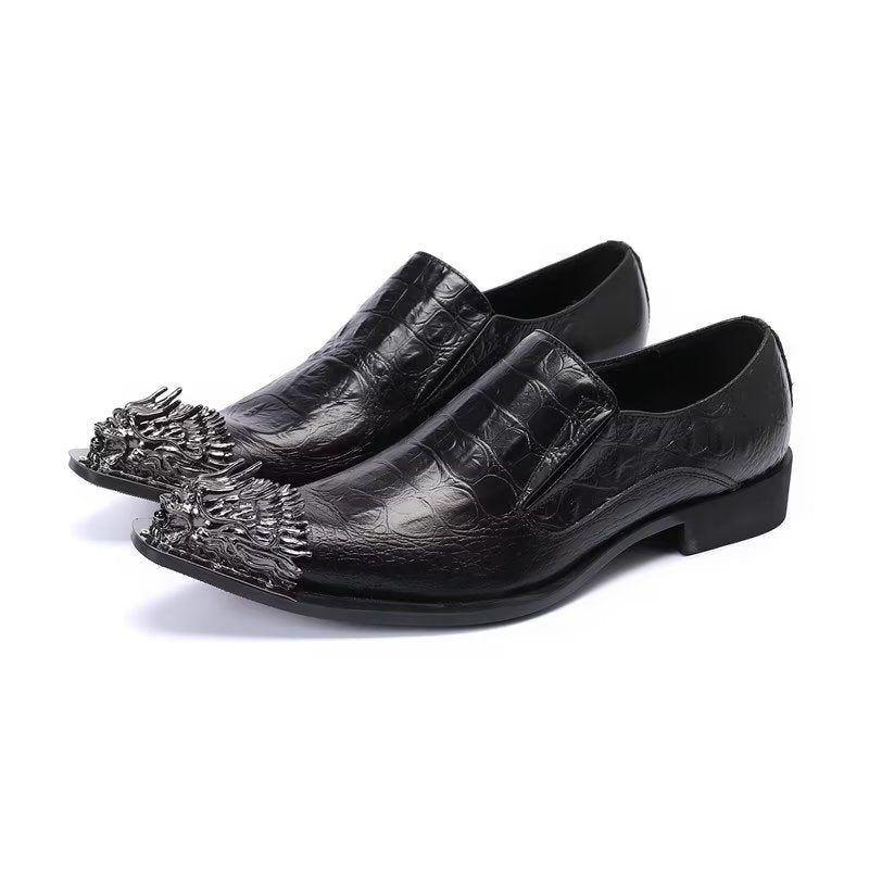 Sapatos Formais Masculinos Couro Crocodilo Elegância Deslizamento Em Sociais - Preto