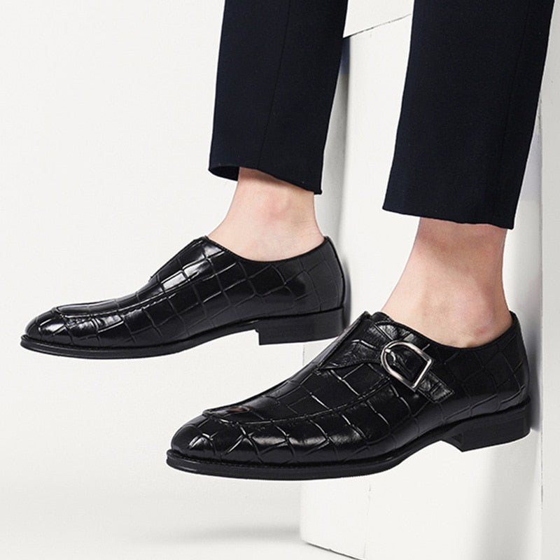 Sapatos Formais Masculinos Couro Crocodilo Elegância Deslizamento Em Sociais Bico Fino - Preto