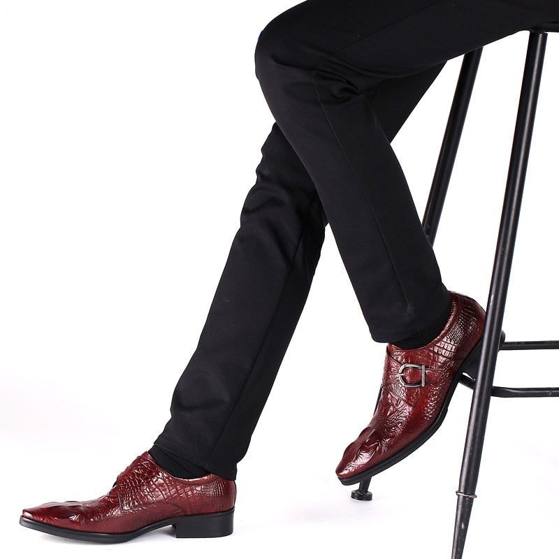 Sapatos Formais Masculinos Couro Crocodilo Luxo Clássico Sociais Negócios - Vermelho