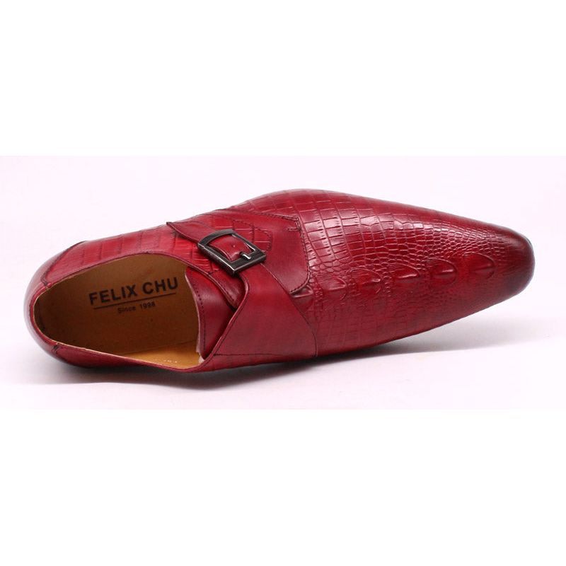 Sapatos Formais Masculinos Couro Crocodilo Luxo Com Tiras Monge Pontiagudas - Vermelho