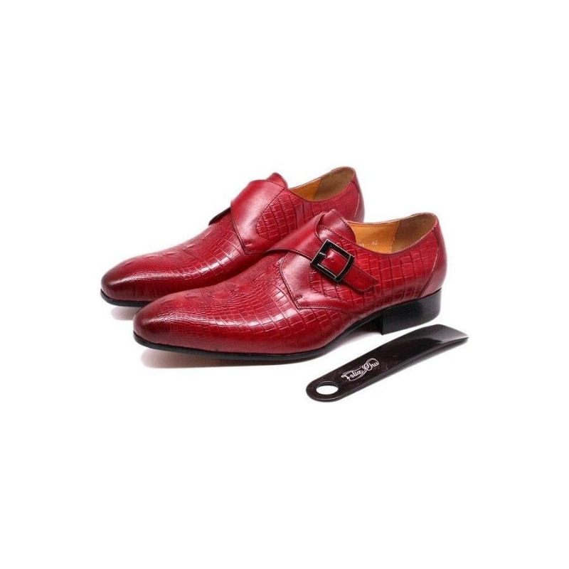 Sapatos Formais Masculinos Couro Crocodilo Luxo Com Tiras Monge Pontiagudas - Vermelho