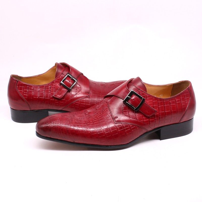 Sapatos Formais Masculinos Couro Crocodilo Luxo Com Tiras Monge Pontiagudas - Vermelho