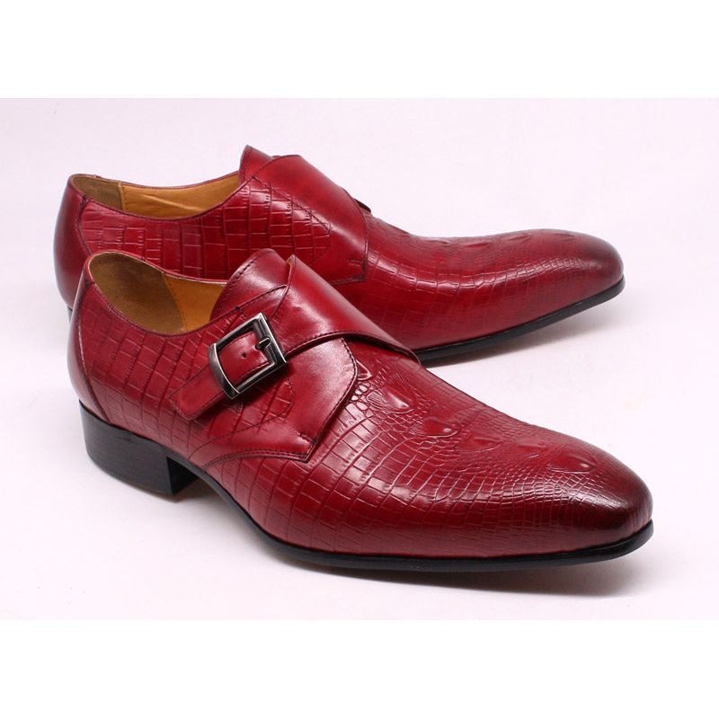 Sapatos Formais Masculinos Couro Crocodilo Luxo Com Tiras Monge Pontiagudas - Vermelho