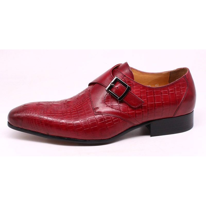 Sapatos Formais Masculinos Couro Crocodilo Luxo Com Tiras Monge Pontiagudas - Vermelho