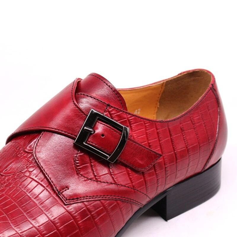 Sapatos Formais Masculinos Couro Crocodilo Luxo Com Tiras Monge Pontiagudas - Vermelho