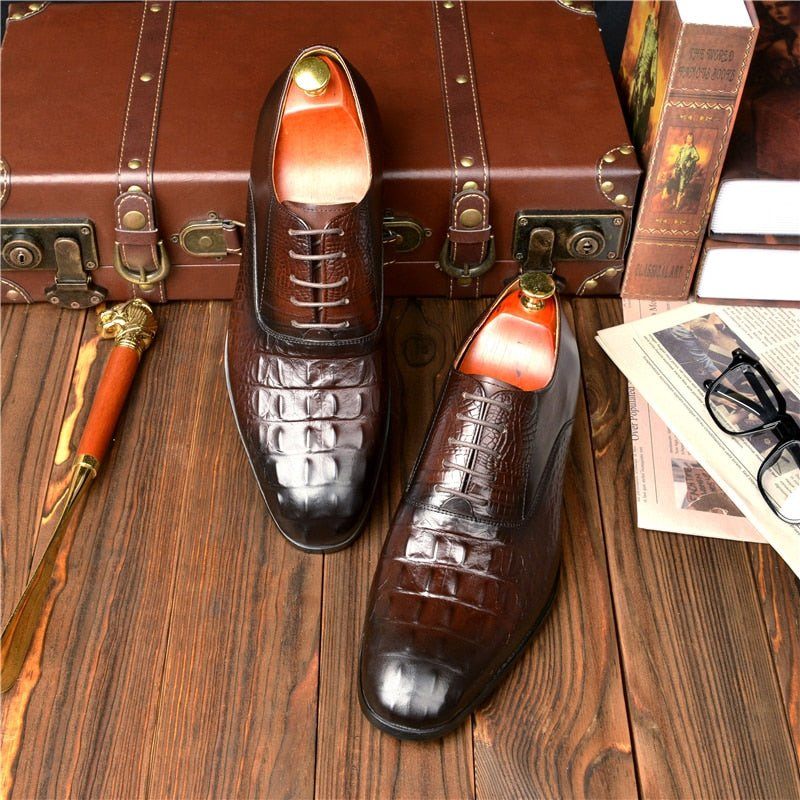 Sapatos Formais Masculinos Couro Esculpido Exótico Brogue - Café