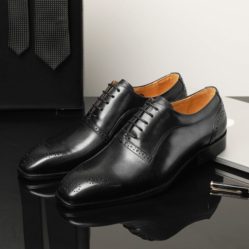 Sapatos Formais Masculinos Couro Exótico Clássicos Com Cordões - Preto