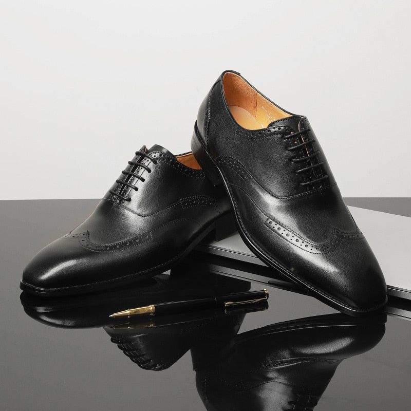 Sapatos Formais Masculinos Couro Exótico Clássicos Com Cordões - Preto 1