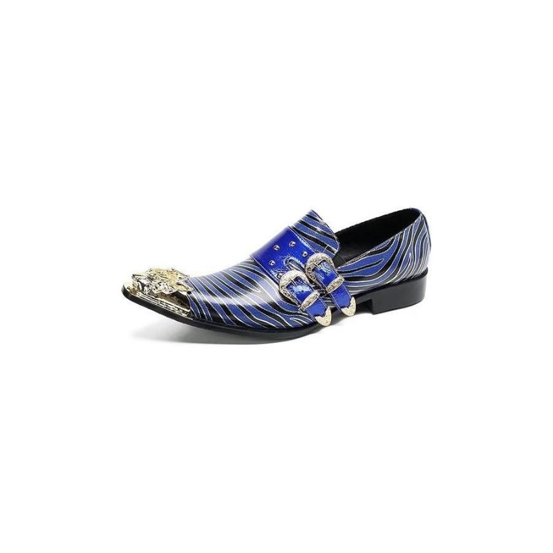 Sapatos Formais Masculinos Couro Exótico Com Bico Quadrado Monkstraps - Azul