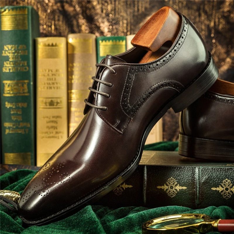 Sapatos Formais Masculinos Couro Exótico Com Cordões - Café