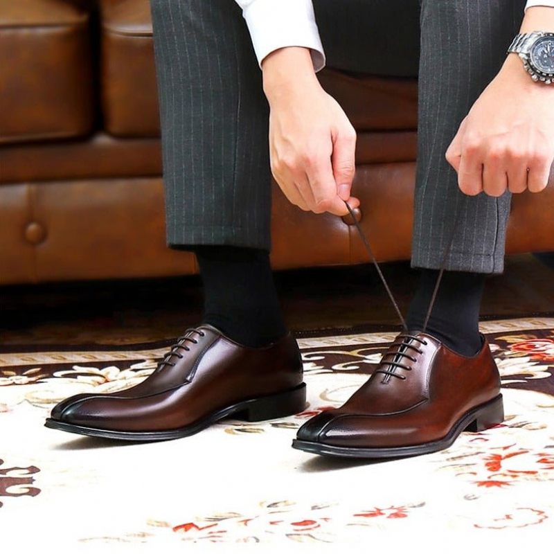 Sapatos Formais Masculinos Couro Exótico Com Cordões Para Casamento - Café