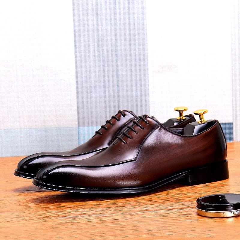 Sapatos Formais Masculinos Couro Exótico Com Cordões Para Casamento - Café