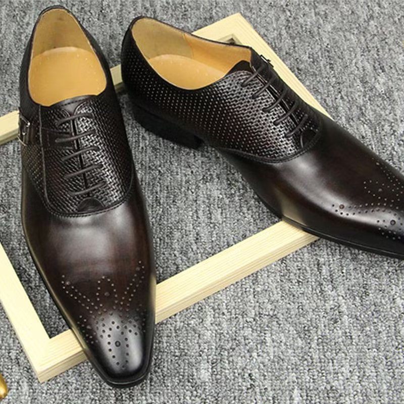 Sapatos Formais Masculinos Couro Genuíno Chiques Casamento Brogue - Café