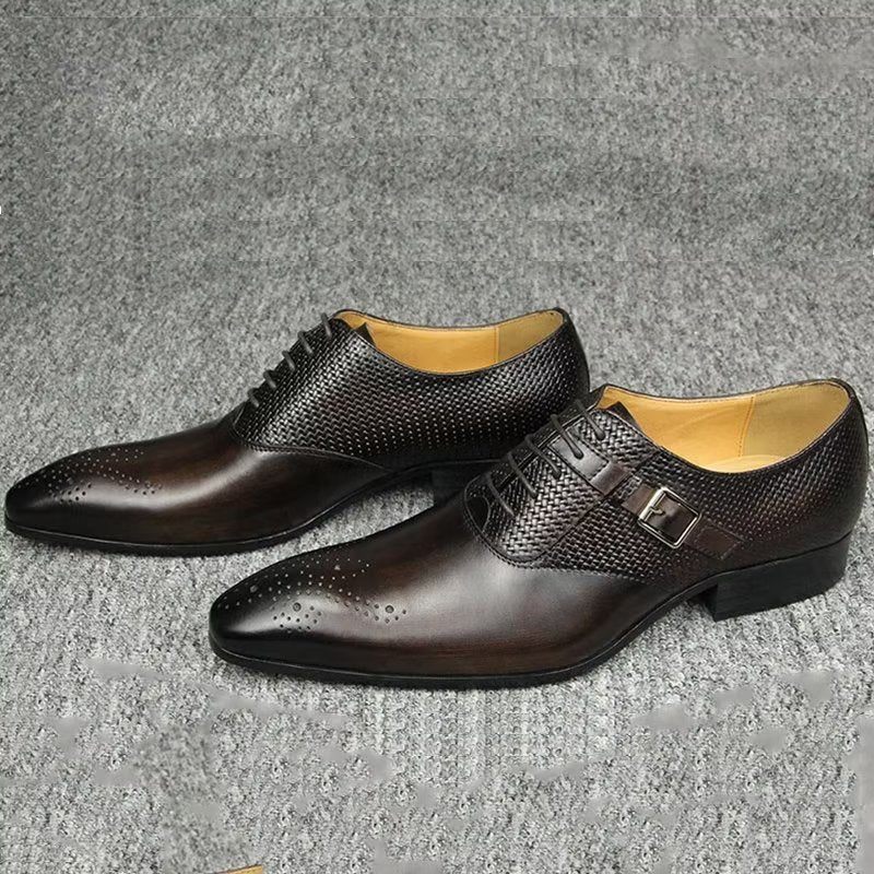 Sapatos Formais Masculinos Couro Genuíno Chiques Casamento Brogue - Café