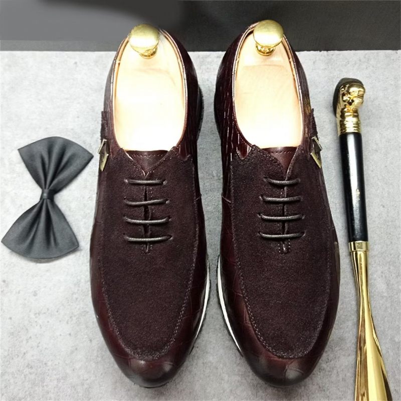 Sapatos Formais Masculinos Couro Genuíno Com Bico Redondo Oxfords Outono - Café