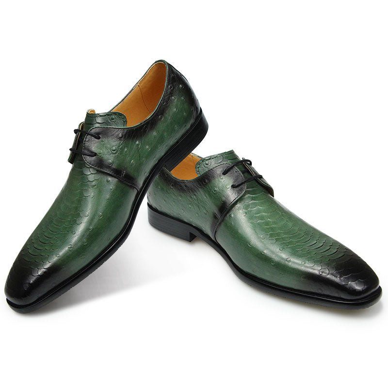 Sapatos Formais Masculinos Couro Genuíno Croc Em Relevo Derby - Verde