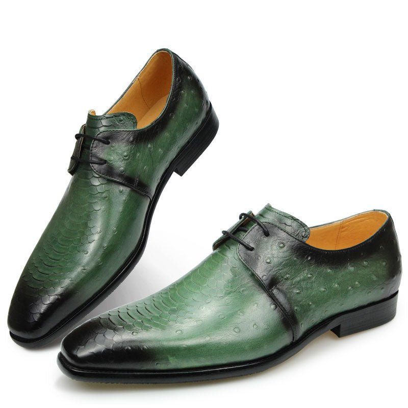 Sapatos Formais Masculinos Couro Genuíno Croc Em Relevo Derby - Verde