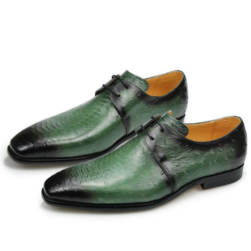 Sapatos Formais Masculinos Couro Genuíno Croc Em Relevo Derby - Verde