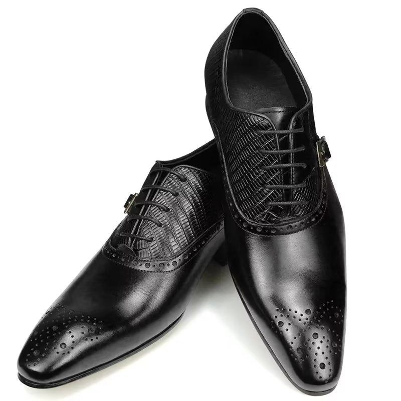 Sapatos Formais Masculinos Couro Genuíno Elegantes Casamento Brogue - Preto