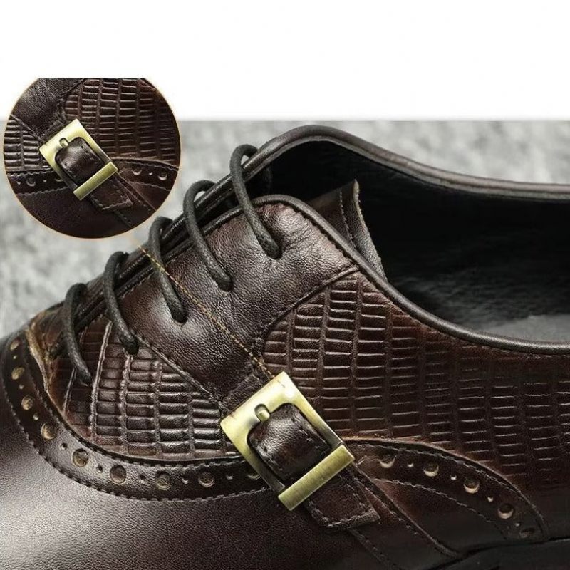 Sapatos Formais Masculinos Couro Genuíno Elegantes Casamento Brogue - Café