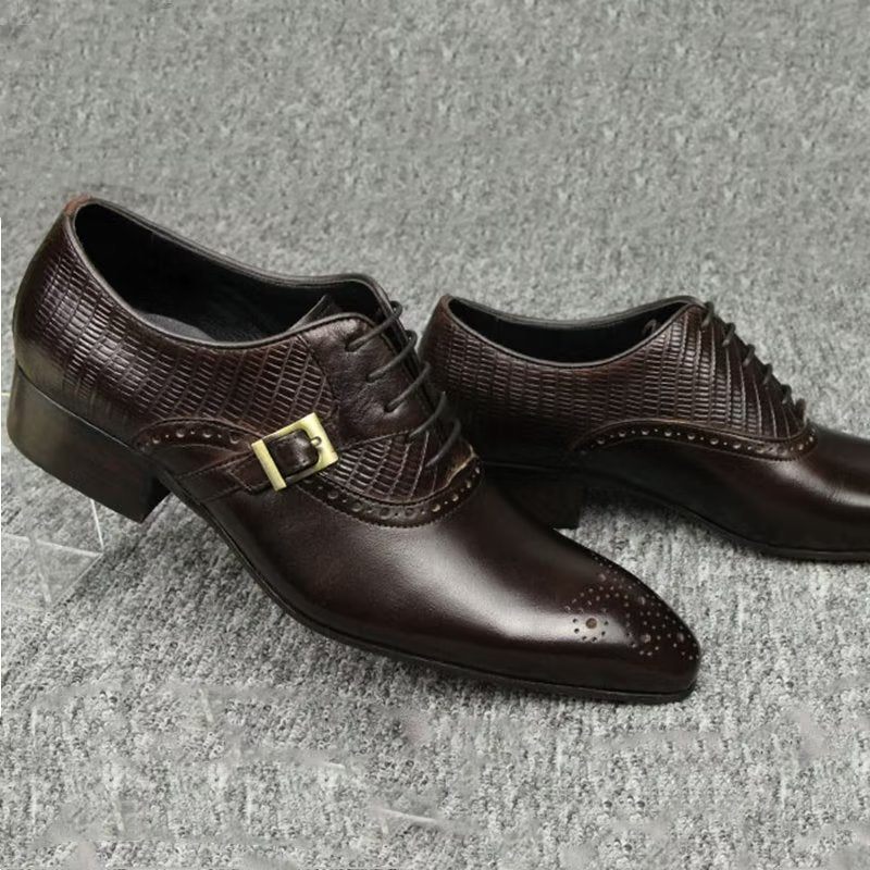 Sapatos Formais Masculinos Couro Genuíno Elegantes Casamento Brogue - Café