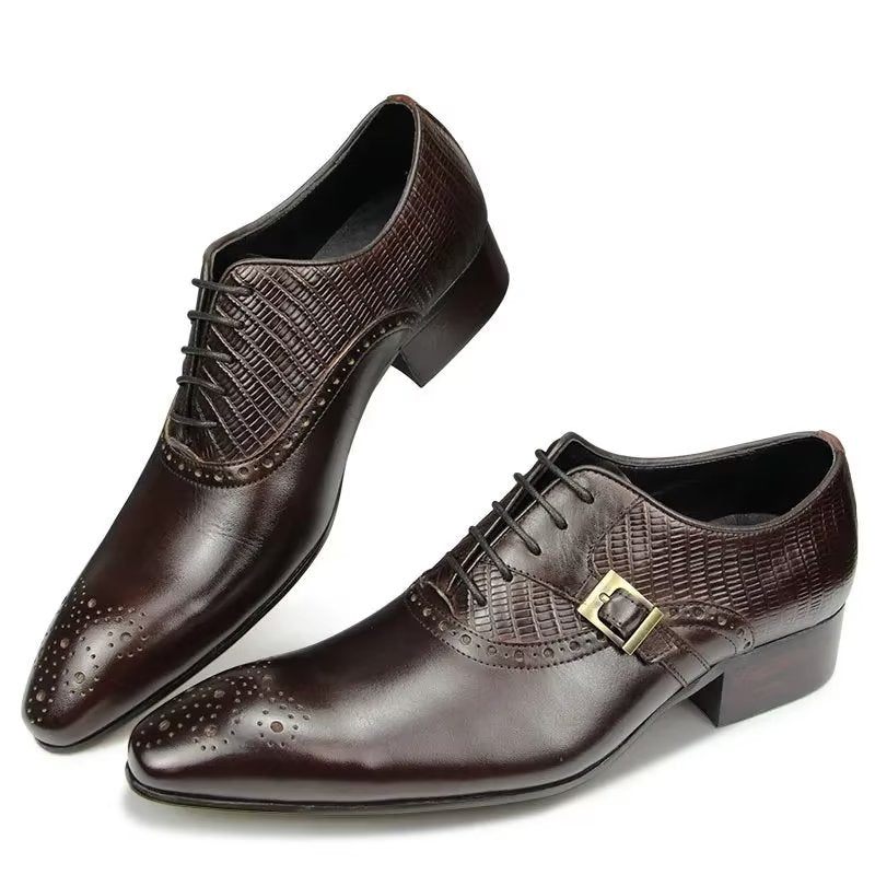 Sapatos Formais Masculinos Couro Genuíno Elegantes Casamento Brogue - Café