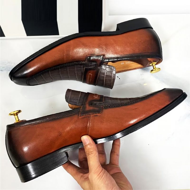 Sapatos Formais Masculinos Couro Genuíno Sofisticados Sociais Com Bico Quadrado - Marrom