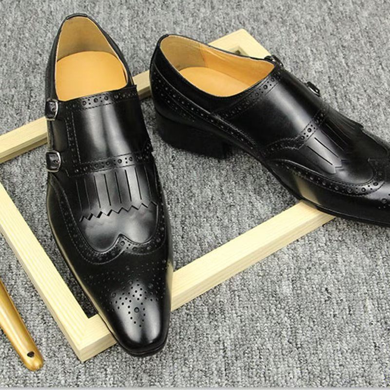 Sapatos Formais Masculinos Couro Luxo Metal Elegante Brogue Casamento - Preto