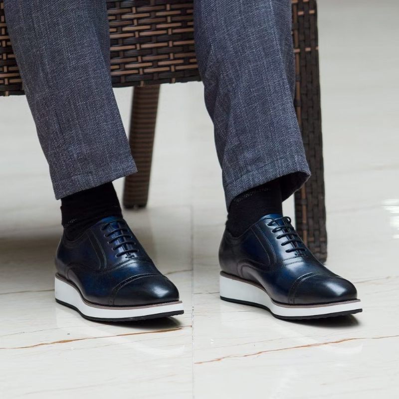 Sapatos Formais Masculinos Couro Luxo Polido Com Cordões - Azul