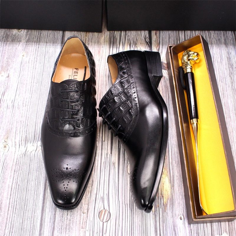 Sapatos Formais Masculinos Couro Luxuoso Brogue Oxford - Preto