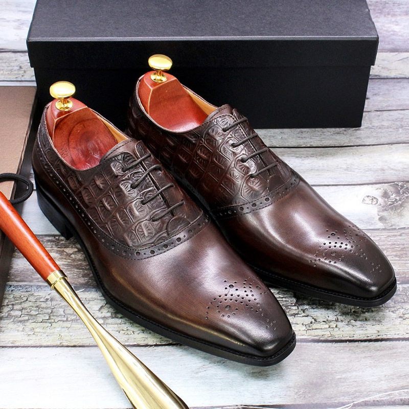 Sapatos Formais Masculinos Couro Luxuoso Brogue Oxford - Café