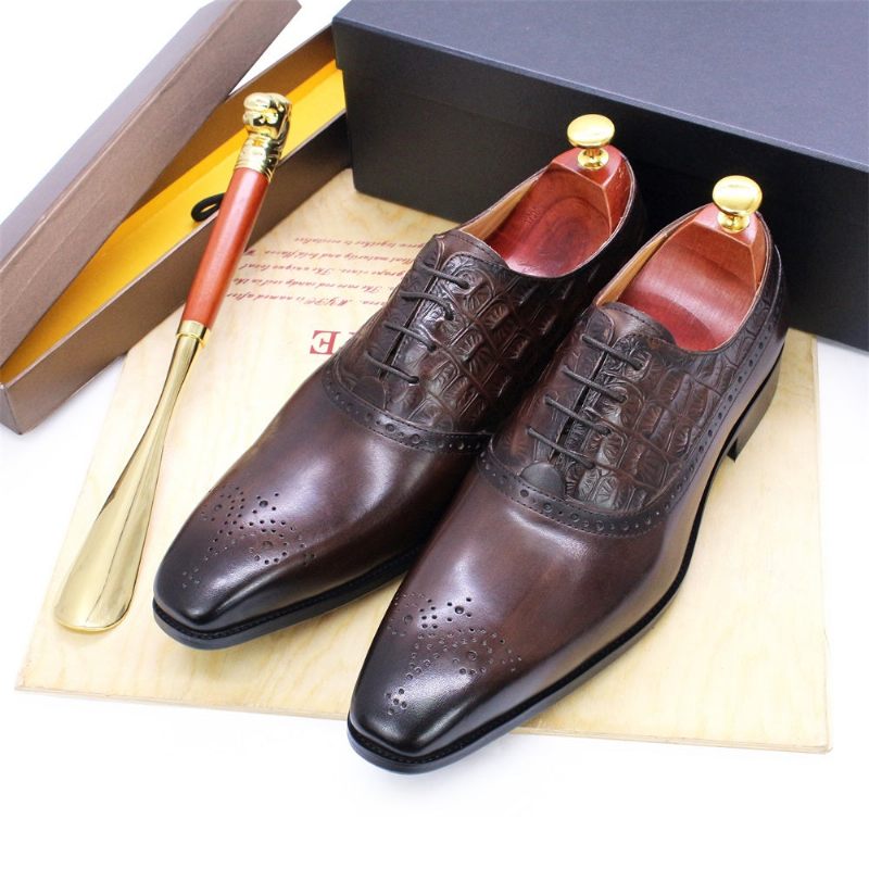 Sapatos Formais Masculinos Couro Luxuoso Brogue Oxford - Café