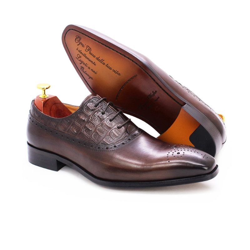 Sapatos Formais Masculinos Couro Luxuoso Brogue Oxford - Café