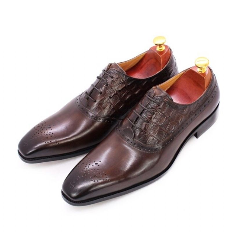 Sapatos Formais Masculinos Couro Luxuoso Brogue Oxford - Café