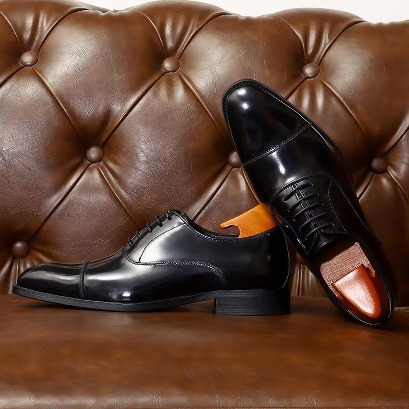 Sapatos Formais Masculinos Couro Luxuoso Com Bico Redondo Oxford - Preto