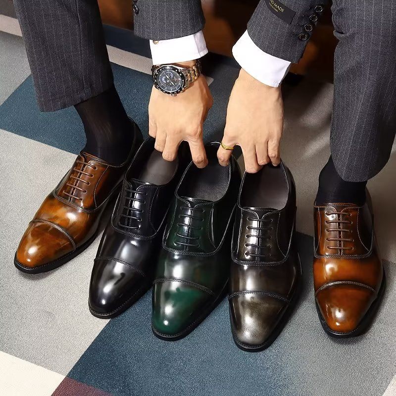 Sapatos Formais Masculinos Couro Luxuoso Com Bico Redondo Oxford - Café