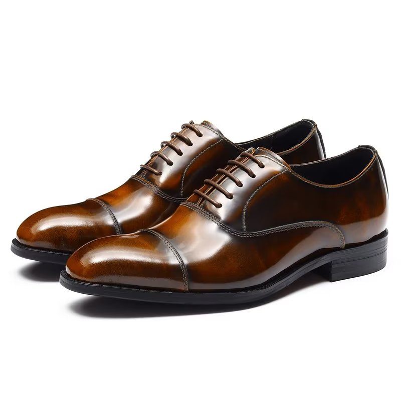 Sapatos Formais Masculinos Couro Luxuoso Com Bico Redondo Oxford - Café