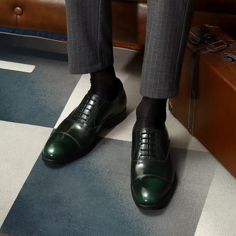 Sapatos Formais Masculinos Couro Luxuoso Com Bico Redondo Oxford - Verde