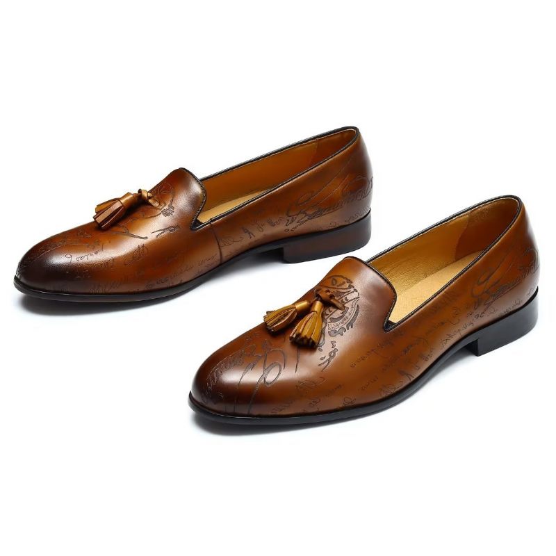 Sapatos Formais Masculinos Couro Luxuoso Com Deslizamento Em Sociais Brogue - Marrom