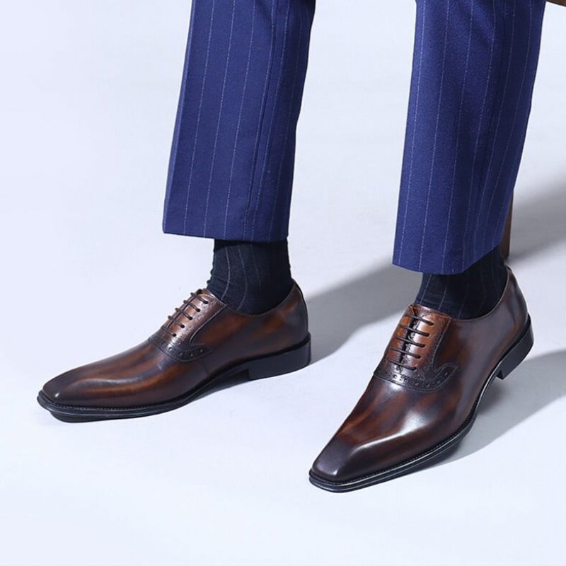 Sapatos Formais Masculinos Couro Refinado Com Cordões Oxford - Café