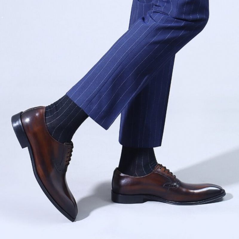 Sapatos Formais Masculinos Couro Refinado Com Cordões Oxford - Café