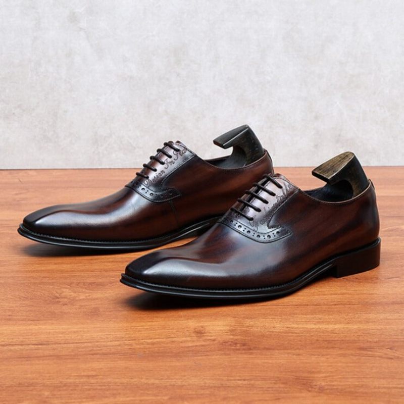 Sapatos Formais Masculinos Couro Refinado Com Cordões Oxford - Café