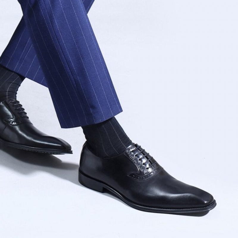 Sapatos Formais Masculinos Couro Refinado Com Cordões Oxford - Preto