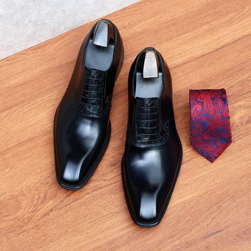 Sapatos Formais Masculinos Couro Refinado Com Cordões Oxford - Preto