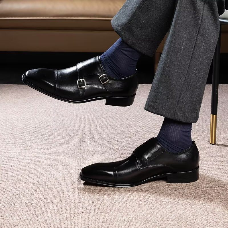 Sapatos Formais Masculinos Couro Refinado Slip-on Monkstraps - Preto