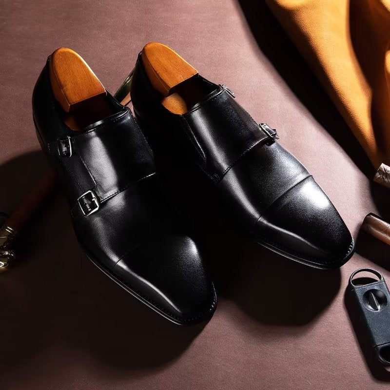 Sapatos Formais Masculinos Couro Refinado Slip-on Monkstraps - Preto