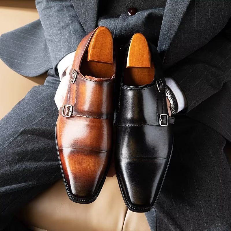 Sapatos Formais Masculinos Couro Refinado Slip-on Monkstraps - Preto