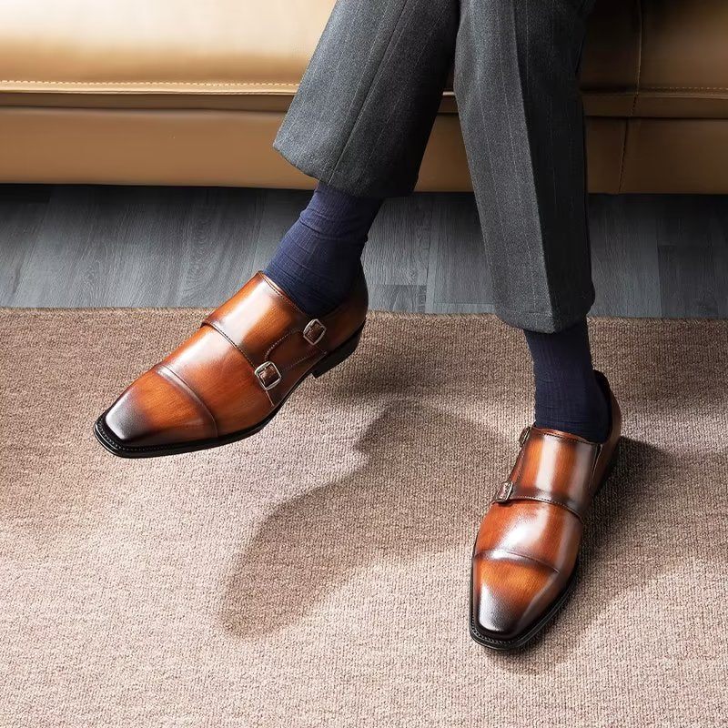 Sapatos Formais Masculinos Couro Refinado Slip-on Monkstraps - Café