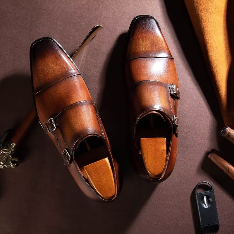 Sapatos Formais Masculinos Couro Refinado Slip-on Monkstraps - Café